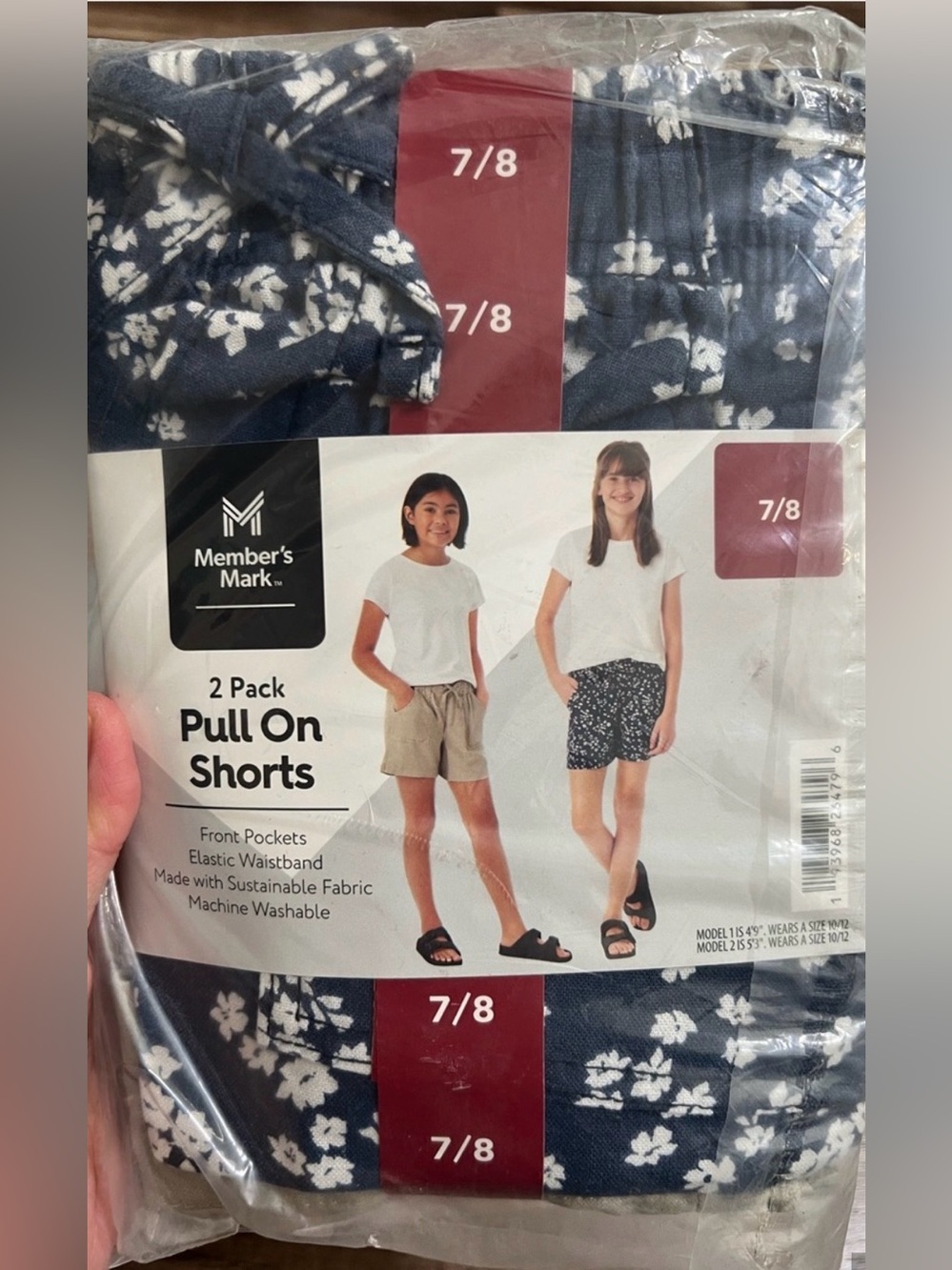 NWOT Member's Mark Girls' 2-Pack Pull On Shorts - Navy Floral & Khaki, Size 7/8